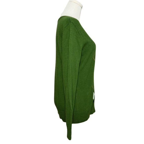 Merona Green Navy Pink Argyle Cotton Blend Crew Neck Sweater Large Preppy - Picture 2 of 6